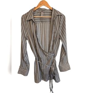 Free People wrap polyester pinstripe grey blouse tie waist